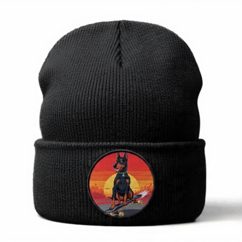 Doberman Sunset Skateboard Black Beanie